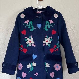 Boden Blue and Red Pea Coat with Floral Embroidery